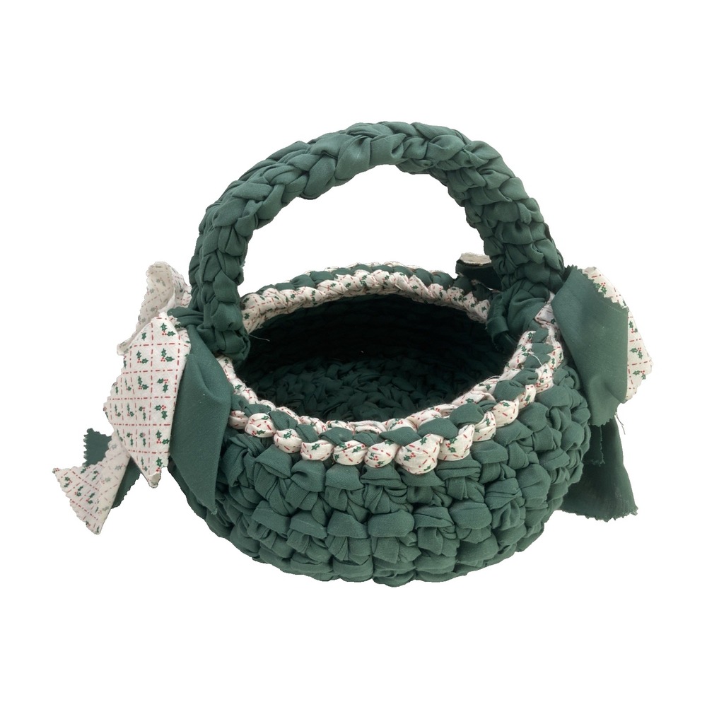 Vtg Hand Made Woven Christmas Basket Made from Braided‎ Fabric Green Bows